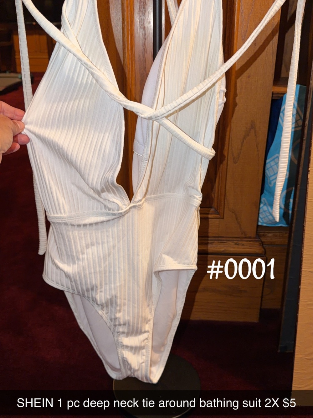 SHEIN Cream Ribbed Deep V Tie-Back One-Piece Swimsuit